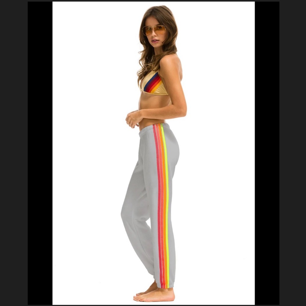Women's 4 Stripe Sweatpants -  Light Gray/Neon